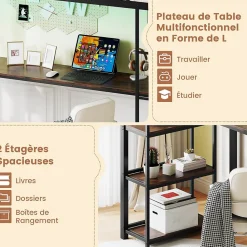 Lit Mezzanine en Métal avec Échelle 200X90CM avec Station de Charge Lumières Ambiance et Bureau Angle L 3 Étagères Noir