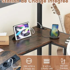 Lit Mezzanine en Métal avec Échelle 200X90CM avec Station de Charge Lumières Ambiance et Bureau Angle L 3 Étagères Noir