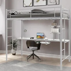 Lit Mezzanine en Métal avec Bureau, Lit Superposé 2 en 1 avec Poste de Travail, 2 Échelles et Garde-Corps, Blanc