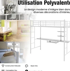 Lit Mezzanine en Métal avec Bureau, Lit Superposé 2 en 1 avec Poste de Travail, 2 Échelles et Garde-Corps, Blanc