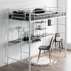 Lit Mezzanine en Métal avec Bureau, Lit Superposé 2 en 1 avec Poste de Travail, 2 Échelles et Garde-Corps, Blanc