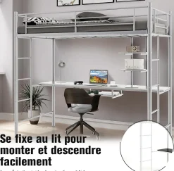 Lit Mezzanine en Métal avec Bureau, Lit Superposé 2 en 1 avec Poste de Travail, 2 Échelles et Garde-Corps, Blanc