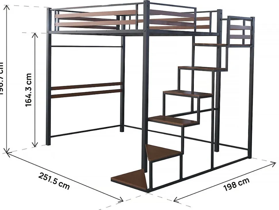 Lit mezzanine en métal avec escalier "LENA" 140 x 190 cm Noir et marron noyer