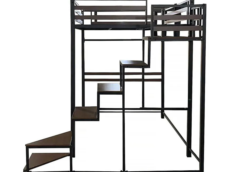 Lit mezzanine en métal avec escalier "LENA" 140 x 190 cm Noir et marron noyer