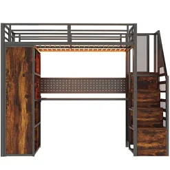 Lit mezzanine en métal 90x200 cm avec armoire et bureau - avec LED - compartiments de rangement - noir (sans matelas)