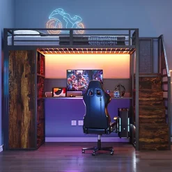 Lit mezzanine en métal 90x200 cm avec armoire et bureau - avec LED - compartiments de rangement - noir (sans matelas)