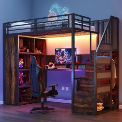 Lit mezzanine en métal 90x200 cm avec armoire et bureau - avec LED - compartiments de rangement - noir (sans matelas)