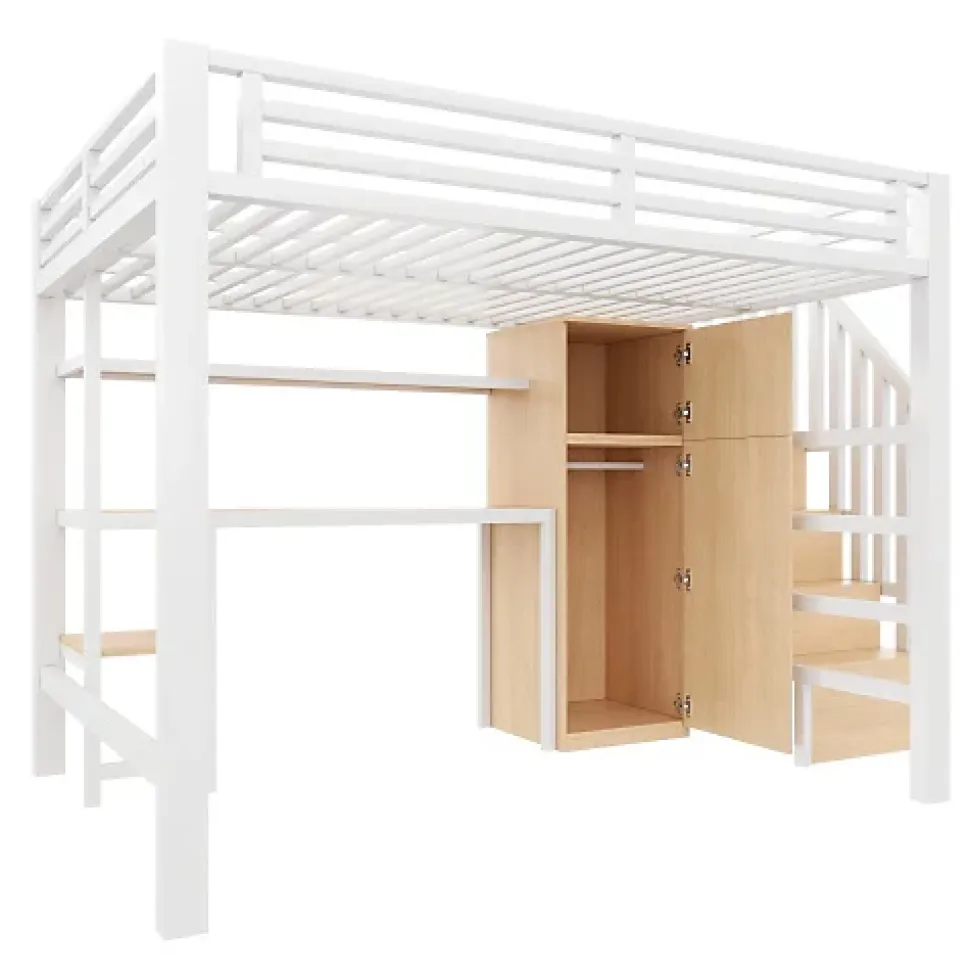 Lit mezzanine en métal 140x200 cm - Éclairage LED - Bureau et penderie intégrés - Étagères et échelle de rangement - MDF - Blanc