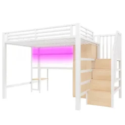 Lit mezzanine en métal 140x200 cm - Éclairage LED - Bureau et penderie intégrés - Étagères et échelle de rangement - MDF - Blanc