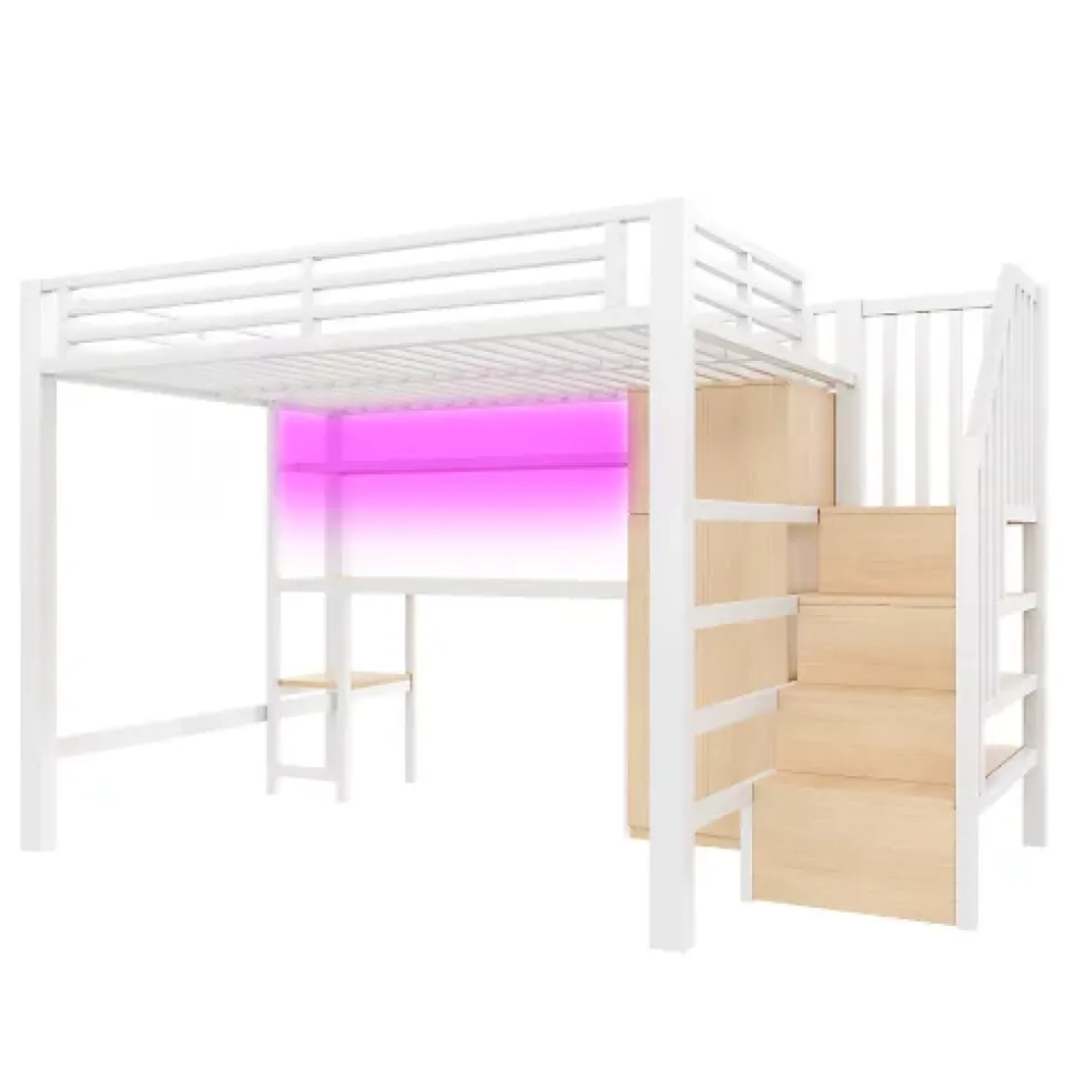 Lit mezzanine en métal 140x200 cm - Éclairage LED - Bureau et penderie intégrés - Étagères et échelle de rangement - MDF - Blanc