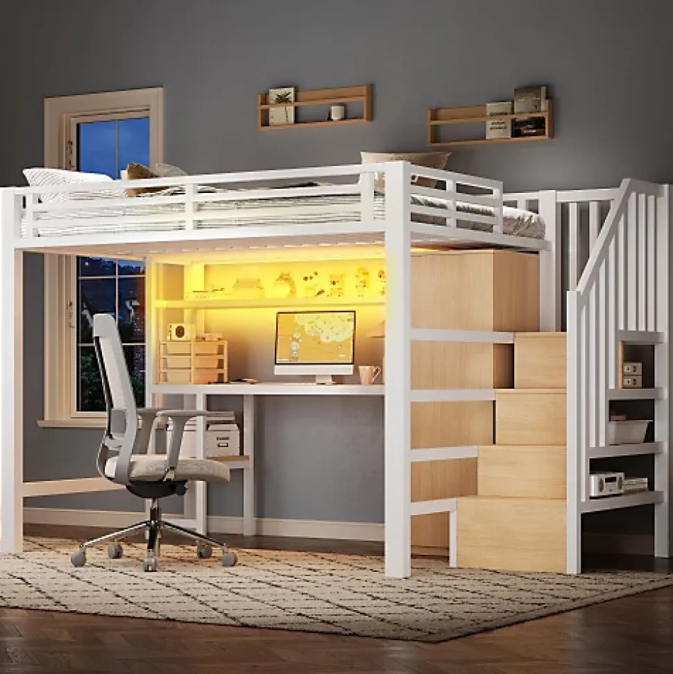 Lit mezzanine en métal 140x200 cm - Éclairage LED - Bureau et penderie intégrés - Étagères et échelle de rangement - MDF - Blanc