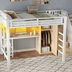 Lit mezzanine en métal 140x200 cm - Éclairage LED - Bureau et penderie intégrés - Étagères et échelle de rangement - MDF - Blanc