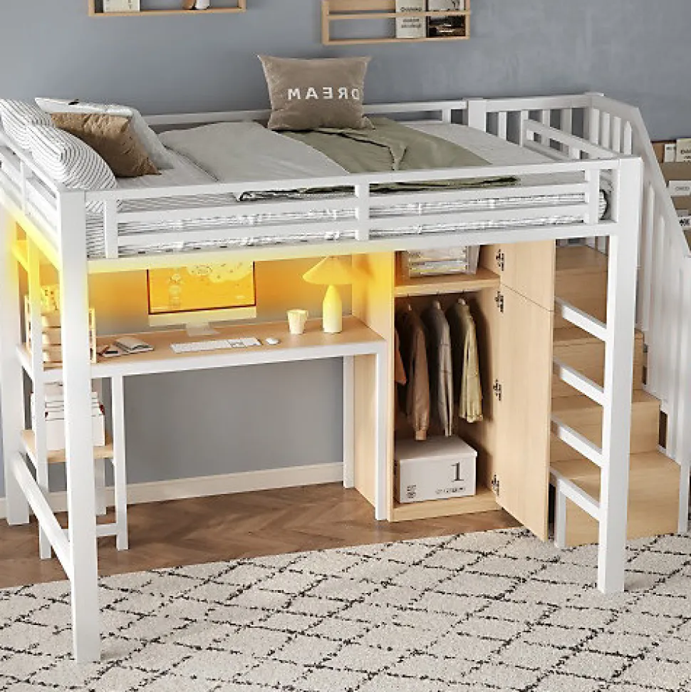 Lit mezzanine en métal 140x200 cm - Éclairage LED - Bureau et penderie intégrés - Étagères et échelle de rangement - MDF - Blanc