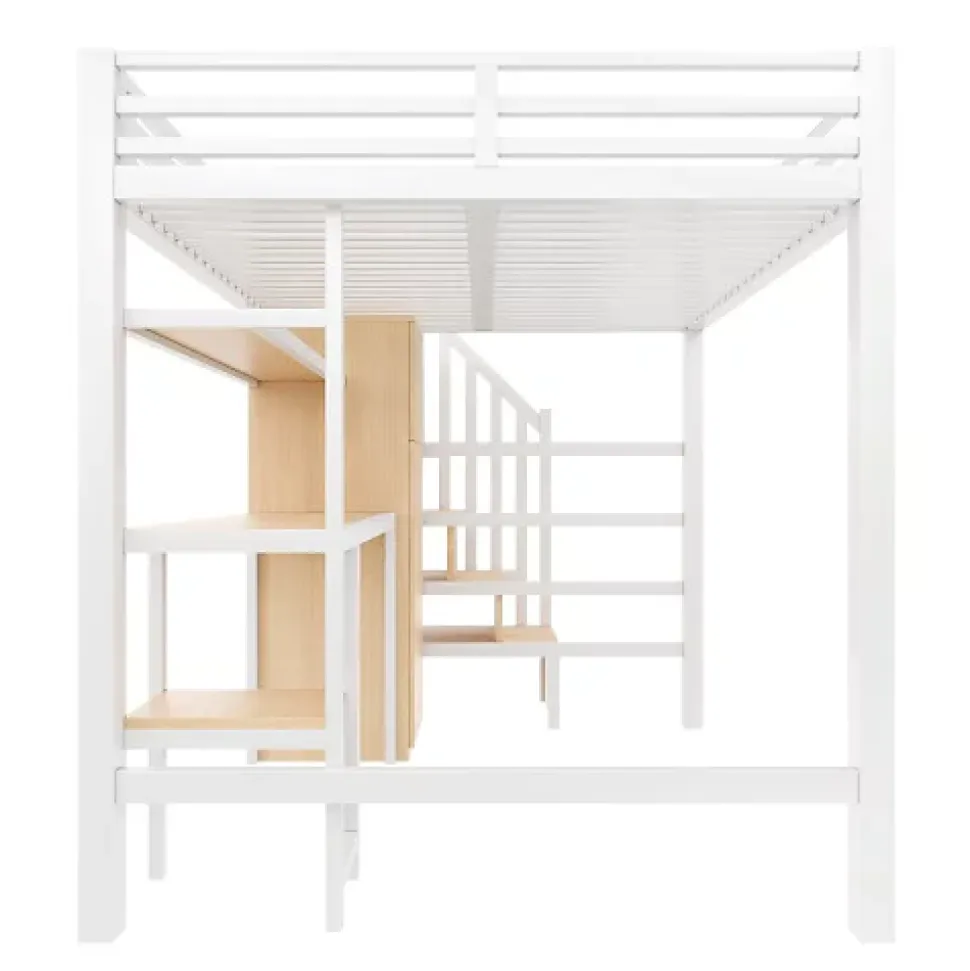 Lit mezzanine en métal 140x200 cm - Éclairage LED - Bureau et penderie intégrés - Étagères et échelle de rangement - MDF - Blanc