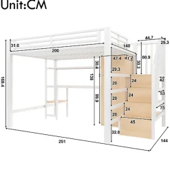 Lit mezzanine en métal 140x200 cm - Éclairage LED - Bureau et penderie intégrés - Étagères et échelle de rangement - MDF - Blanc
