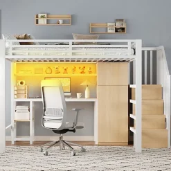 Lit mezzanine en métal 140x200 cm - Éclairage LED - Bureau et penderie intégrés - Étagères et échelle de rangement - MDF - Blanc