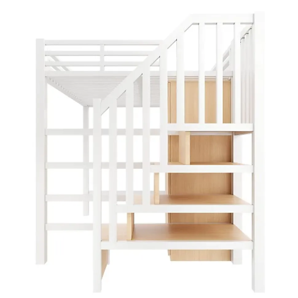 Lit mezzanine en métal 140x200 cm - Éclairage LED - Bureau et penderie intégrés - Étagères et échelle de rangement - MDF - Blanc