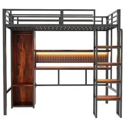 Lit mezzanine en métal 90x200 cm avec escalier - armoire et bureau avec panneau perforé - avec LED - noir (sans matelas)