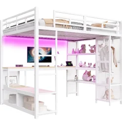 Lit mezzanine en métal 140x200 cm - Avec bureau et étagères - Avec penderie ouverte - Port USB et LED - Blanc (sans matelas)