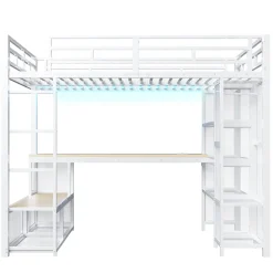 Lit mezzanine en métal 140x200 cm - Avec bureau et étagères - Avec penderie ouverte - Port USB et LED - Blanc (sans matelas)