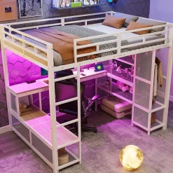 Lit mezzanine en métal 140x200 cm - Avec bureau et étagères - Avec penderie ouverte - Port USB et LED - Blanc (sans matelas)