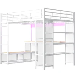 Lit mezzanine en métal 140x200 cm - Avec bureau et étagères - Avec penderie ouverte - Port USB et LED - Blanc (sans matelas)