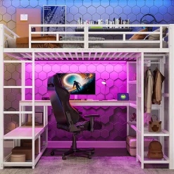 Lit mezzanine en métal 140x200 cm - Avec bureau et étagères - Avec penderie ouverte - Port USB et LED - Blanc (sans matelas)