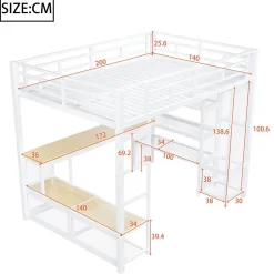 Lit mezzanine en métal 140x200 cm - Avec bureau et étagères - Avec penderie ouverte - Port USB et LED - Blanc (sans matelas)