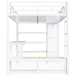 Lit mezzanine en métal 140x200 cm - Avec bureau et étagères - Avec penderie ouverte - Port USB et LED - Blanc (sans matelas)