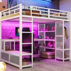 Lit mezzanine en métal 140x200 cm - Avec bureau et étagères - Avec penderie ouverte - Port USB et LED - Blanc (sans matelas)