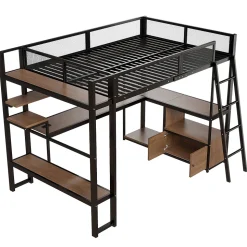 Lit mezzanine en métal 140x200 cm - Avec LED - Bureau et étagère de rangement - Port USB - Noir (sans matelas)