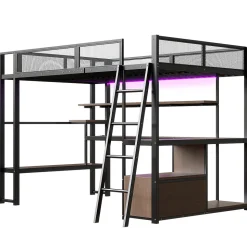 Lit mezzanine en métal 140x200 cm - Avec LED - Bureau et étagère de rangement - Port USB - Noir (sans matelas)