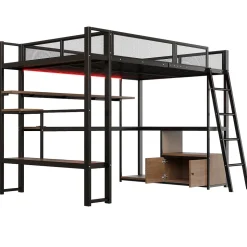 Lit mezzanine en métal 140x200 cm - Avec LED - Bureau et étagère de rangement - Port USB - Noir (sans matelas)