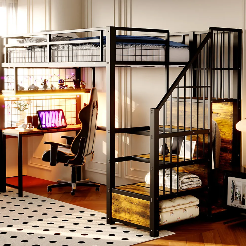 Lit mezzanine en métal 90x200 cm avec LED - prise de recharge - échelle de rangement - étagères et bureau - noir (sans matelas)