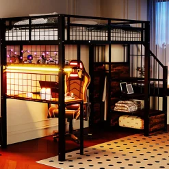 Lit mezzanine en métal 90x200 cm avec LED - prise de recharge - échelle de rangement - étagères et bureau - noir (sans matelas)