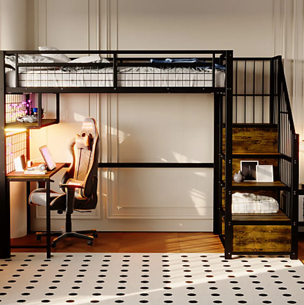 Lit mezzanine en métal 90x200 cm avec LED - prise de recharge - échelle de rangement - étagères et bureau - noir (sans matelas)