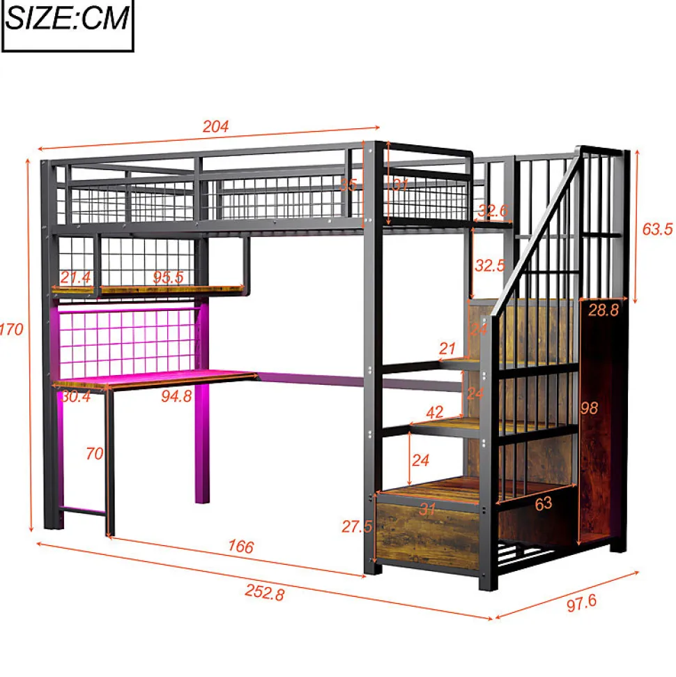 Lit mezzanine en métal 90x200 cm avec LED - prise de recharge - échelle de rangement - étagères et bureau - noir (sans matelas)
