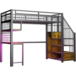 Lit mezzanine en métal 90x200 cm avec LED - prise de recharge - échelle de rangement - étagères et bureau - noir (sans matelas)