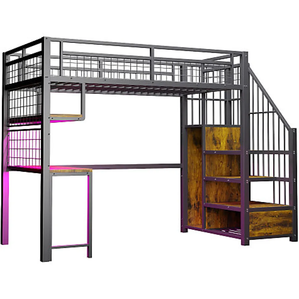 Lit mezzanine en métal 90x200 cm avec LED - prise de recharge - échelle de rangement - étagères et bureau - noir (sans matelas)