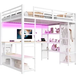 Lit mezzanine en métal 140x200 cm - Avec LED - Bureau et étagère de rangement - Port USB - Blanc (sans matelas)