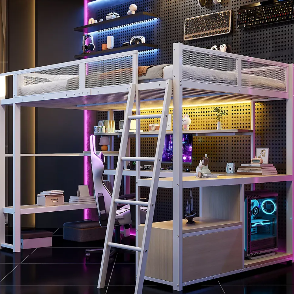 Lit mezzanine en métal 140x200 cm - Avec LED - Bureau et étagère de rangement - Port USB - Blanc (sans matelas)