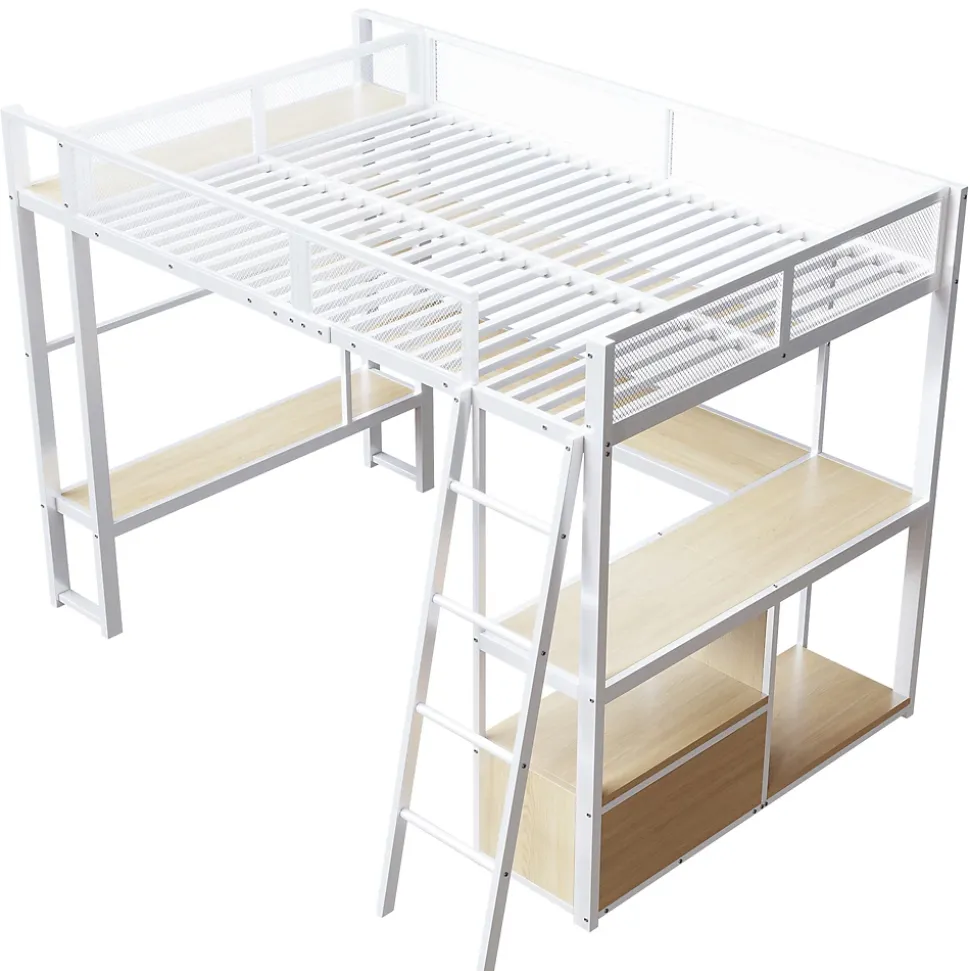 Lit mezzanine en métal 140x200 cm - Avec LED - Bureau et étagère de rangement - Port USB - Blanc (sans matelas)