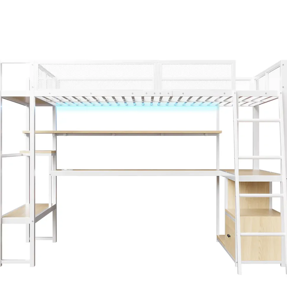 Lit mezzanine en métal 140x200 cm - Avec LED - Bureau et étagère de rangement - Port USB - Blanc (sans matelas)