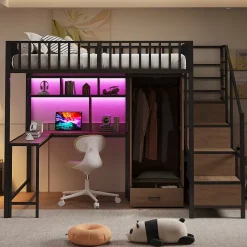 Lit mezzanine en métal 140x200 cm avec LED - avec étagères - armoire+tiroir - échelle de rangement - noir (sans matelas)