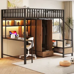 Lit mezzanine en métal 140x200 cm avec LED - avec étagères - armoire+tiroir - échelle de rangement - noir (sans matelas)