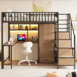 Lit mezzanine en métal 140x200 cm avec LED - avec étagères - armoire+tiroir - échelle de rangement - noir (sans matelas)