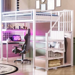 Lit mezzanine en métal 90x200 cm avec LED - prise de recharge - échelle de rangement - étagères et bureau - blanc (sans matelas)