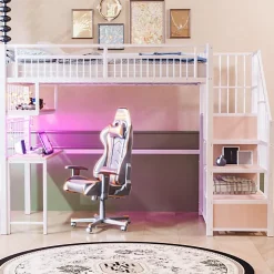 Lit mezzanine en métal 90x200 cm avec LED - prise de recharge - échelle de rangement - étagères et bureau - blanc (sans matelas)