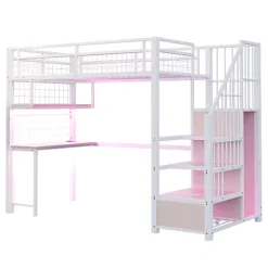 Lit mezzanine en métal 90x200 cm avec LED - prise de recharge - échelle de rangement - étagères et bureau - blanc (sans matelas)