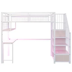 Lit mezzanine en métal 90x200 cm avec LED - prise de recharge - échelle de rangement - étagères et bureau - blanc (sans matelas)